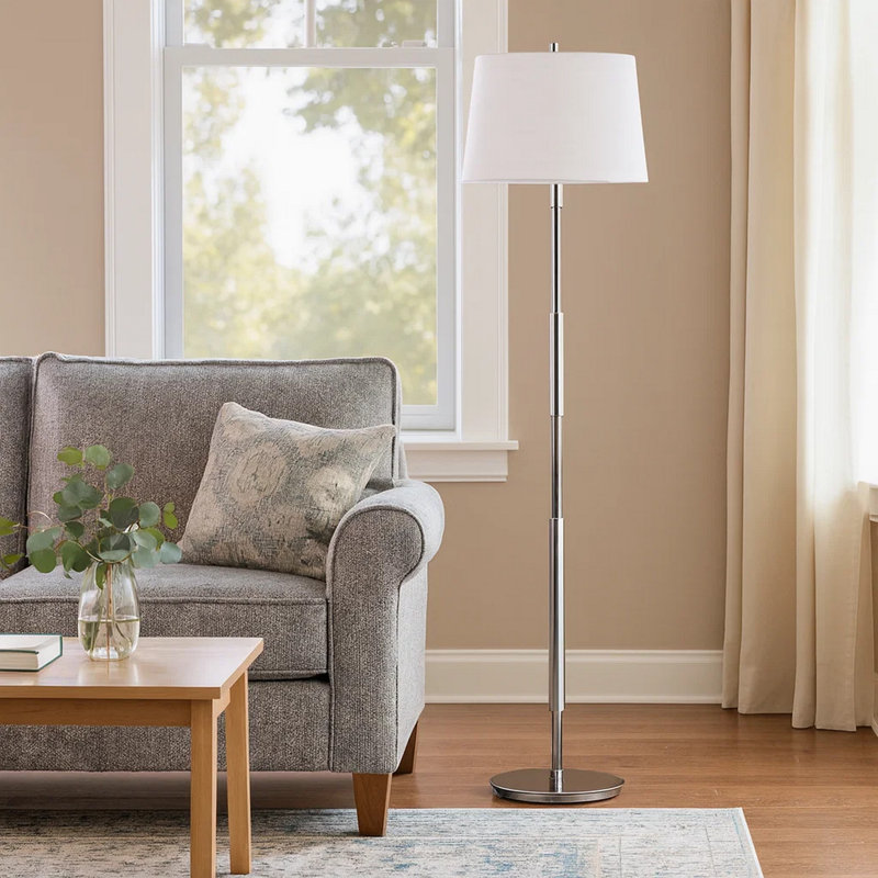 Siu 60 Inch Floor Lamp, Metal Pole w Finial Tip, Shade, White, Chrome