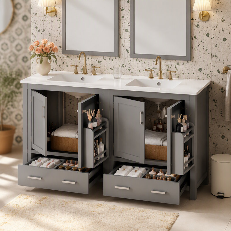 Ensemble de meuble-lavabo 60 po avec lavabos doubles (séparés), lavabos doubles en céramique, tablette de rangement et tiroirs séparés (miroir non inclus) - Solution de salle de bain moderne pour salles de bain spacieuses