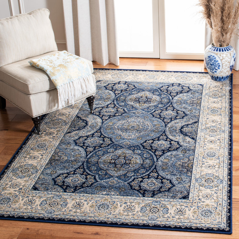 Tapis oriental en viscose bleu marine / ivoire Persian Garden, Rectangle 5 pi 1 po x 7 pi 7 po