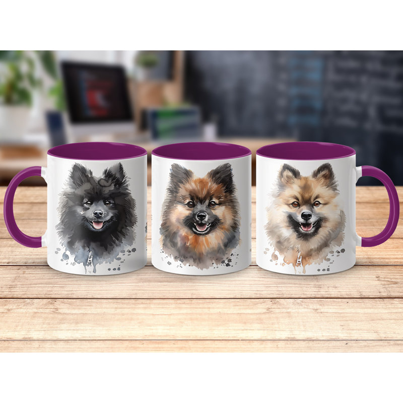 Pomeranian Dogs Watercolor Design 11oz Coffee Mug, Purple, 3