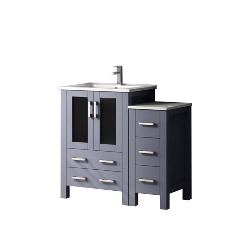 Meuble-lavabo gris foncé l 36 po x P 18,25 po avec armoire latérale, comptoir et robinet en céramique blanche, résistance aux égratignures, aux taches et aux chocs dans la salle de bain