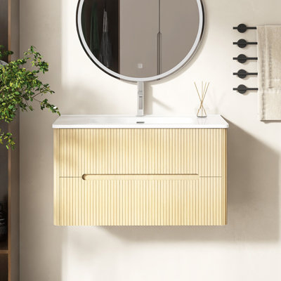 36" Wall Mounted Bathroom Vanity With Integrated Ceramic Basin