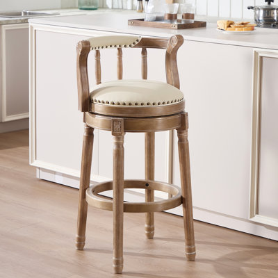 Tabouret de bar pivotant à hauteur de bar avec dossier, revêtement en cuir fleur, pieds en bois massif, beige