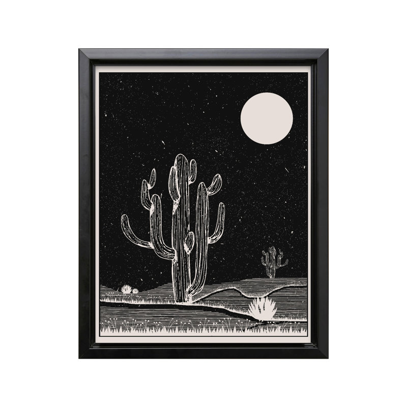 Cactus et lune, Black Framed, Canvas, 16"H x 20"W