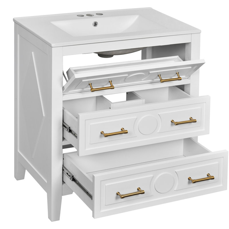 Meuble-lavabo classique 30 po avec charnières réglables à fermeture douce, cadre et grands tiroirs de rangement rétro en blanc avec 3 tiroirs et un lavabo en céramique