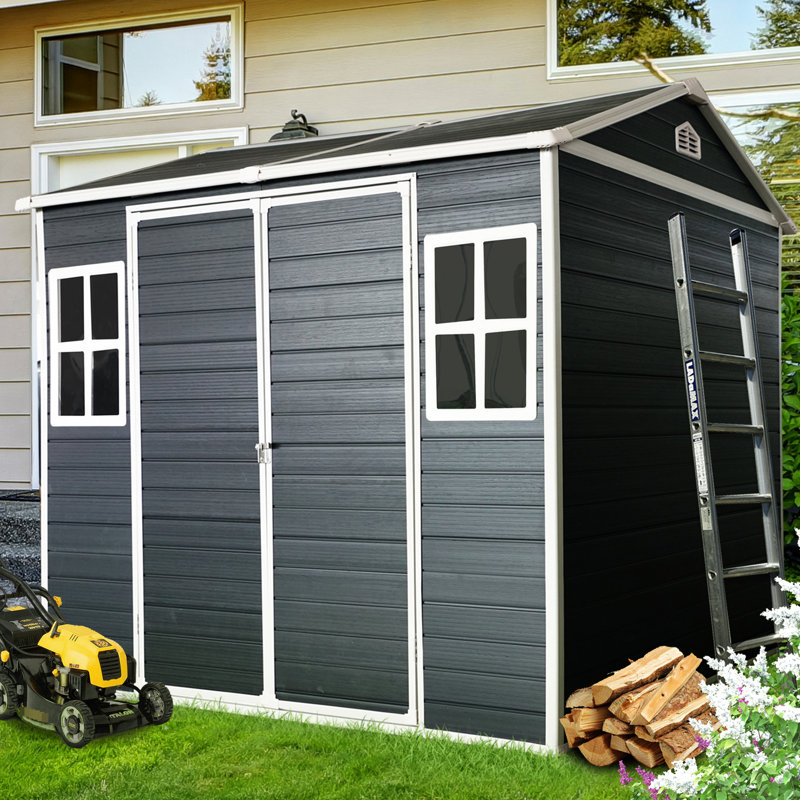 8X6ft Outdoor Resin Storage - Waterproof Shed With Two Windows, Floor & Lockable Door Garden Black Floor, Windows For Patio