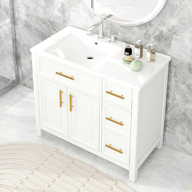 Meuble-lavabo 36 po avec comptoir d'évier, meuble-lavabo avec deux portes et trois tiroirs, bois massif, panneaux de fibres à densité moyenne, un paquet