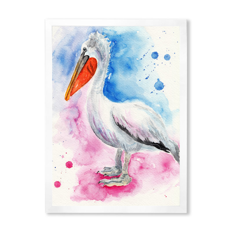 Pélican bleu et rose, Impression blanche sur toile encadrée, H 40 po x l 30 po x P 1,5 po