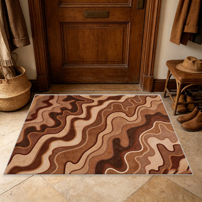 Tapis brun et beige à motif de tourbillons rétro pour le salon, doux et confortable, convient à toutes les saisons, facile à entretenir, tapis de sol intérieur lavable à la machine, sous la table de ferme convenant à la chambre à coucher, à la salle à manger, au bureau, au patio, au balcon, à la maison
