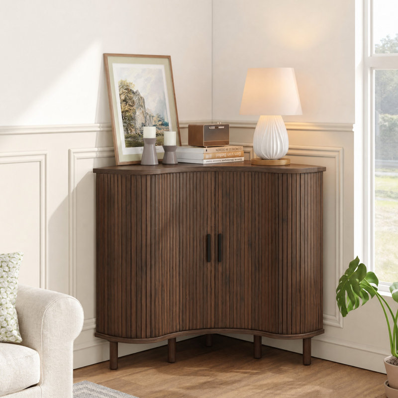 Fluted Corner Cabinet With Sliding Doors And Adjustable Shelves, Small Corner Floor Cabinet For Living Room, Kitchen