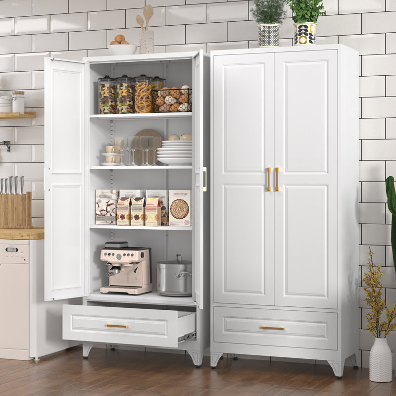 White Kitchen Pantry Cabinet with Drawer, 75" Tall Pantry Cabinets for Kitchen Storage, Metal Storage Cabinets with Doors and Shelves, Freestanding Cupboards for Dining Room