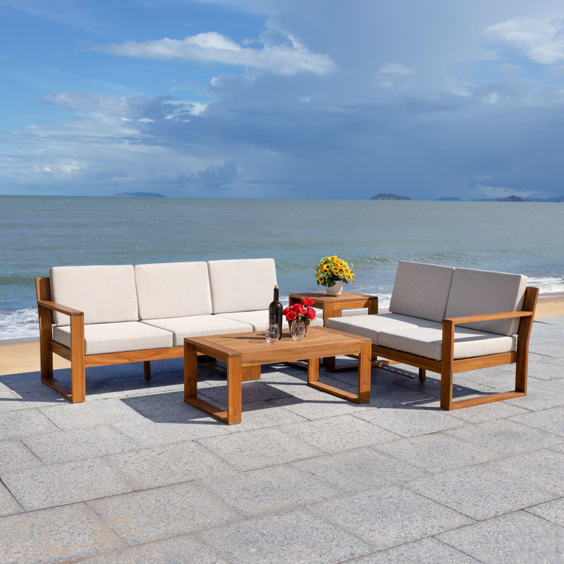4 Piece Sectional Seating Group with Cushions, Natural, Light Grey