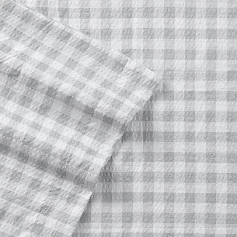 Ensemble de draps Seersucker, Très grand + 4 taies d'oreillers, Gris Vichy