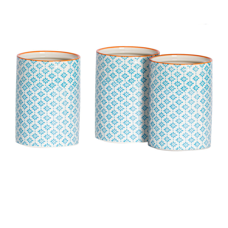 Nicola Spring Hand-Printed Kitchen Utensil Holders - 1 Litre - Blue - Pack of 3
