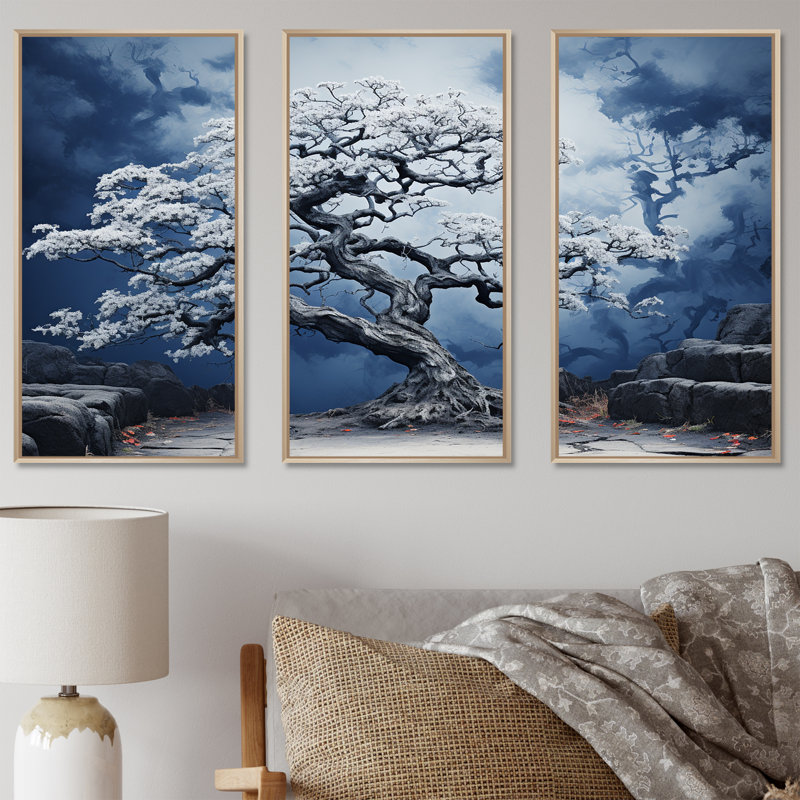 Fauvist Awakening Of Blue Oak Tree - Ensemble de décoration murale chêne, Cadre naturel flottant, H 40 po x l 60 po x P 1 po