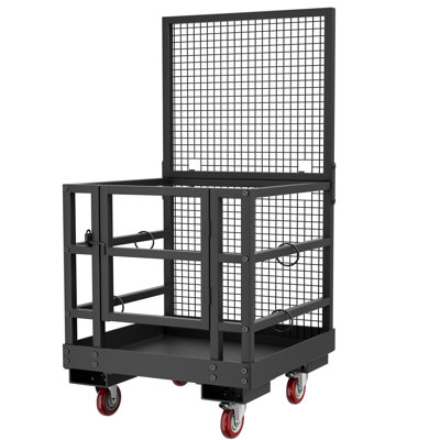 Cage de protection pour chariot élévateur, panier de chariot élévateur pour charge de 1400 lb, plateforme de travail de 36,2 po x 36,2 po avec verrou de protection, trou de bonde et roues pivotantes à 360 ° et panier à outils, parfait pour le travail aérien