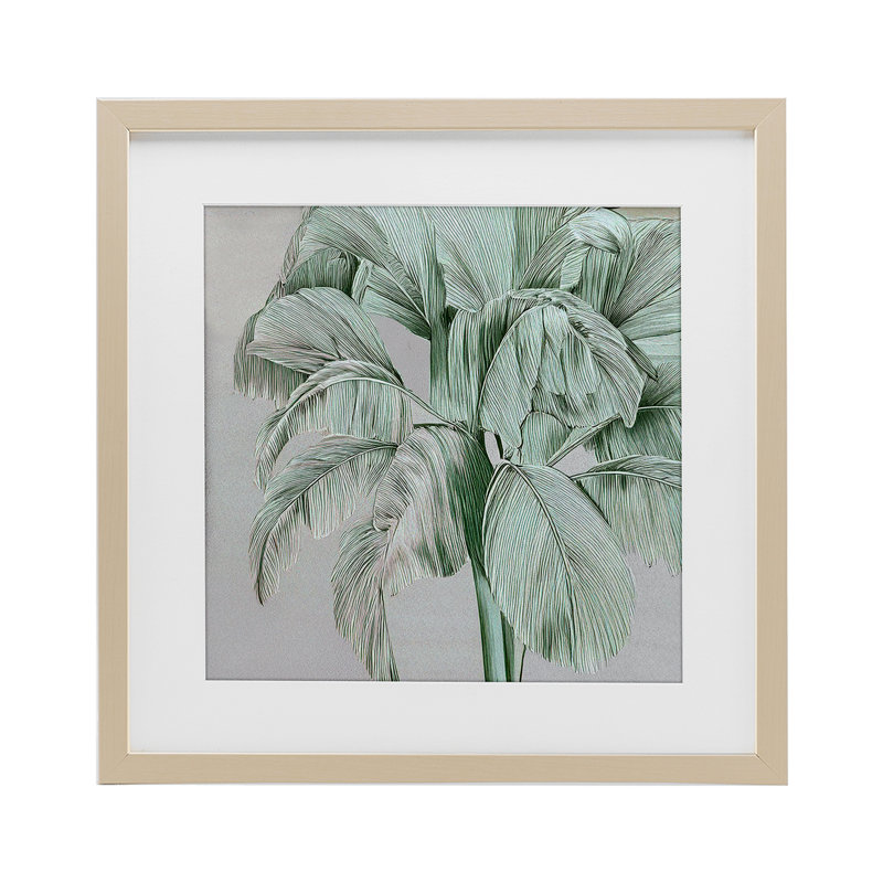 «Green Tropical Sway», reproduction d'art sous verre encadrée par Norm Stelfox, H 13 po x l 13 po, Cadre de récolte en pin