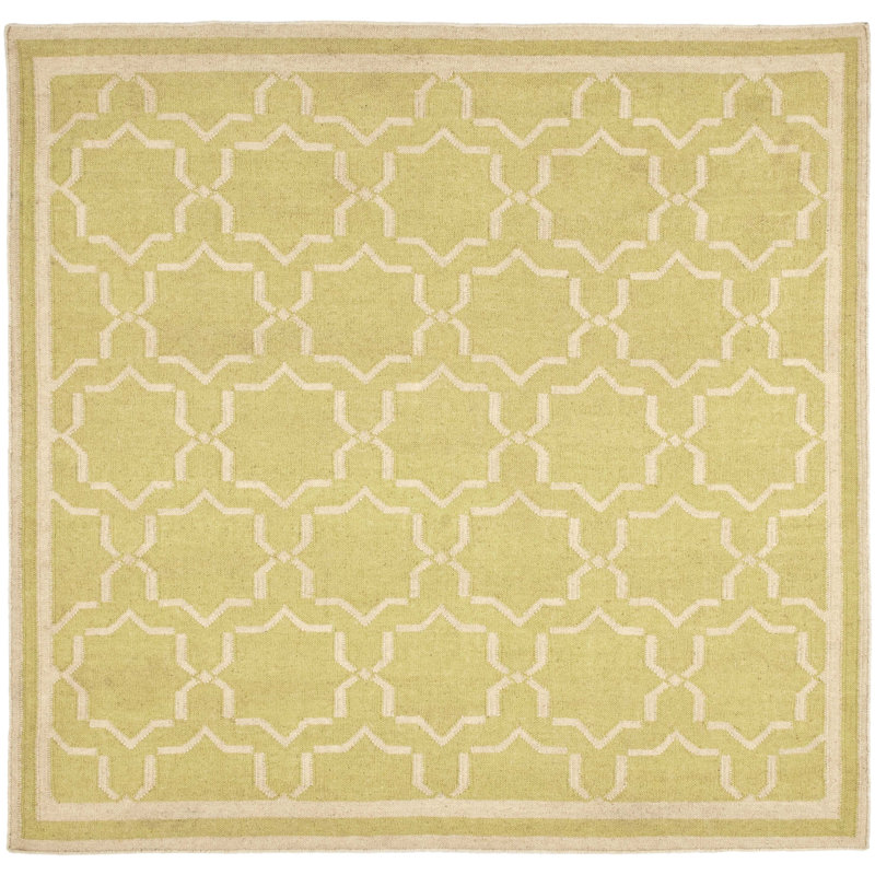 Rodgers Hand Woven Flat Weave Wool/Cotton Geometric Rug in Ivory/Light Green, Square 6'