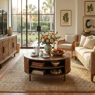 Modern Round Coffee Table With Lifting Top,39 '' Lift Top Coffee Table With Hidden Compartment And Sliding Door