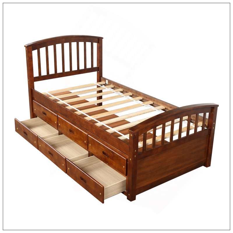 Lit plateforme simple en bois massif avec 6 tiroirs de rangement, élégant et durable pour les chambres modernes, Noyer
