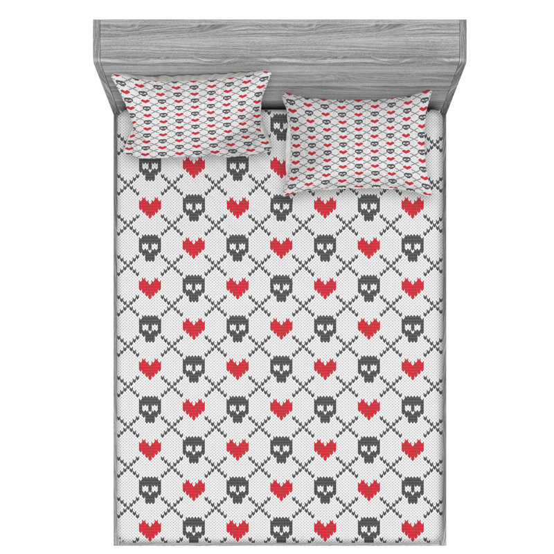 Ambesonne Fitted Sheet & Sham Set, Full Sheet Set with 2 Pillowcases, Gray/Red/White Skull Heart
