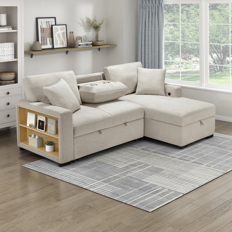 Darrielle Sectional Sofa Sleeper, Beige Fabric, Right Hand Facing