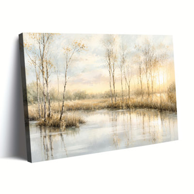 Golden Birch Tree Wetland Lake Sunset Landscape Oil Painting Canvas Art, Wrapped Canvas, Ready to Hang