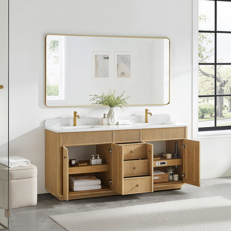 Meuble-lavabo à double cuve en gris cendré lavé avec dessus en pierre composite Stanwell, Gris cendré délavé