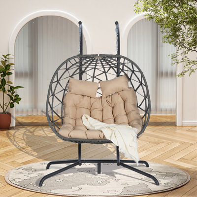 Double Egg Chair With Stand Hanging Indoor Outdoor Rattan Patio Basket Egg Swing Chair Hammock Egg Chairs With UV Resistant Cushions 600 Lbs For Bedroom Balcony Patio