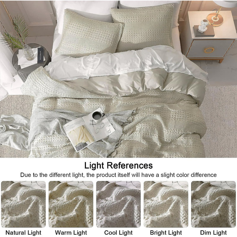 Waffle Weave Duvet Cover Set Cotton and Linen Blend Textured, Khaki, King Duvet Cover + 2 King Pillowcases