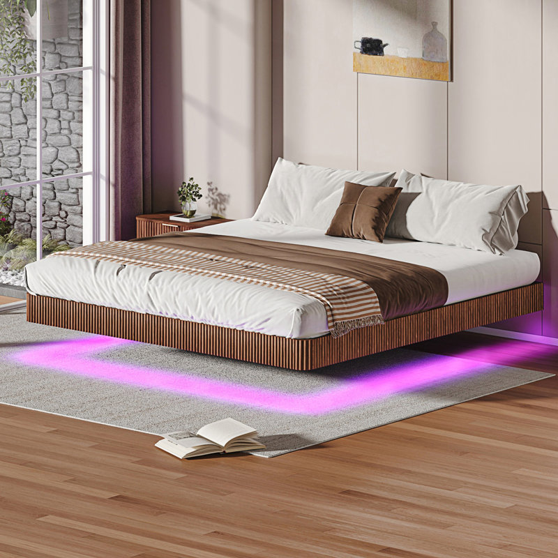 King Floating Bed Frame With Led Lights, Wave Curve Wood Texture Bed With Heavy Duty Metal Slats, Walnut, King
