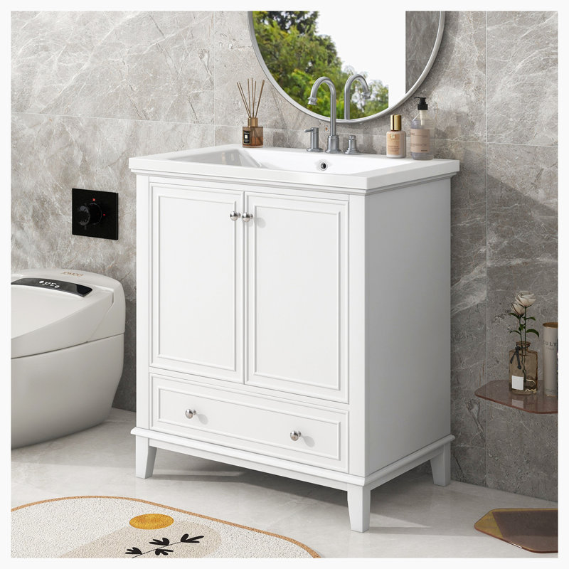 Meuble-lavabo sur pied simple 30 po avec plateau en céramique Mutsuko, Blanc