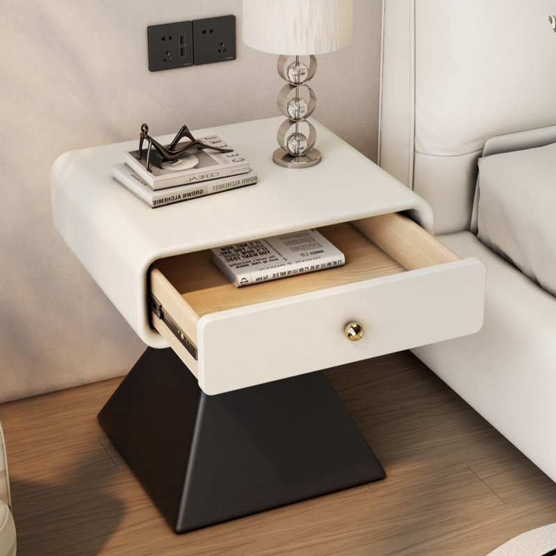 Table de chevet ovale minimaliste en bois massif blanc crème (19,69 po H x 17,72 po L), meuble d'appoint conique bicolore noir et blanc avec un seul tiroir