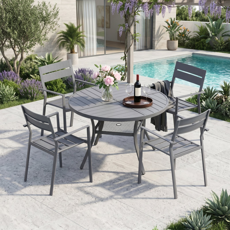 4-Person Round Patio Dining Set With Stackable Chairs, Gray