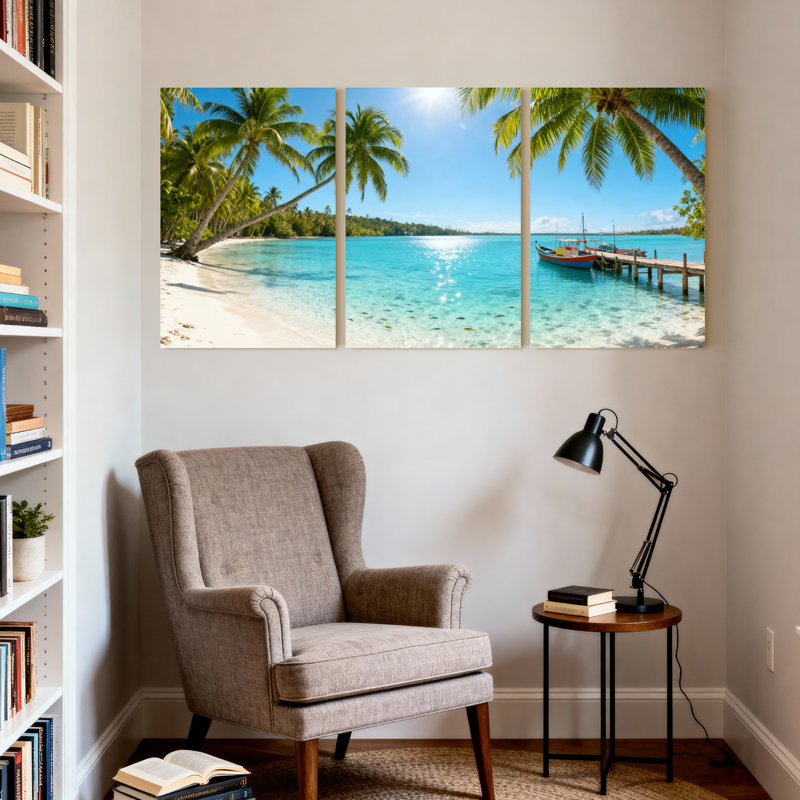 Scénario et paysages urbains, plage tropicale, palmiers, bateau à eau transparent, ensemble de 3 impressions sur toile