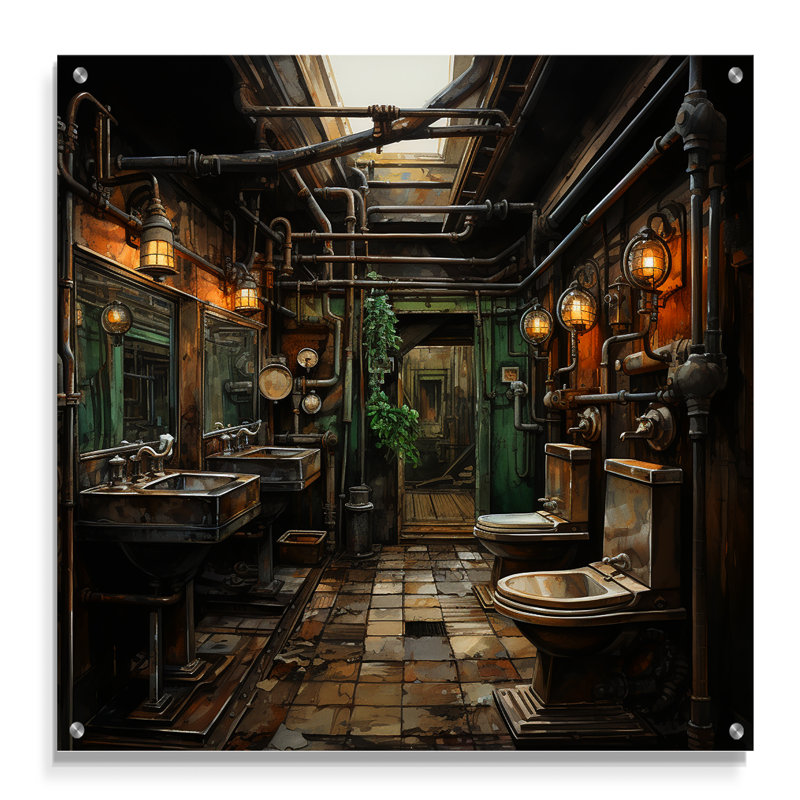 Toilette Industrial Elegance Mixed I - Art mural en acrylique pour le salon, H 16 po x l 16 po