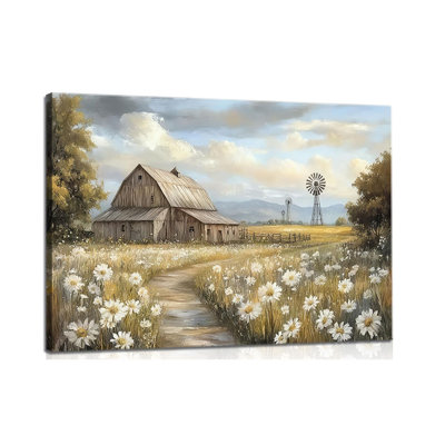 Rustic Farmhouse Barn Canvas Wall Art Farm Nature Landscape Posters Prints Vintage Flower Meadow Barn Windmill Picture Beautiful Field Wall Decor French Country Painting For Living Bedroom Framed