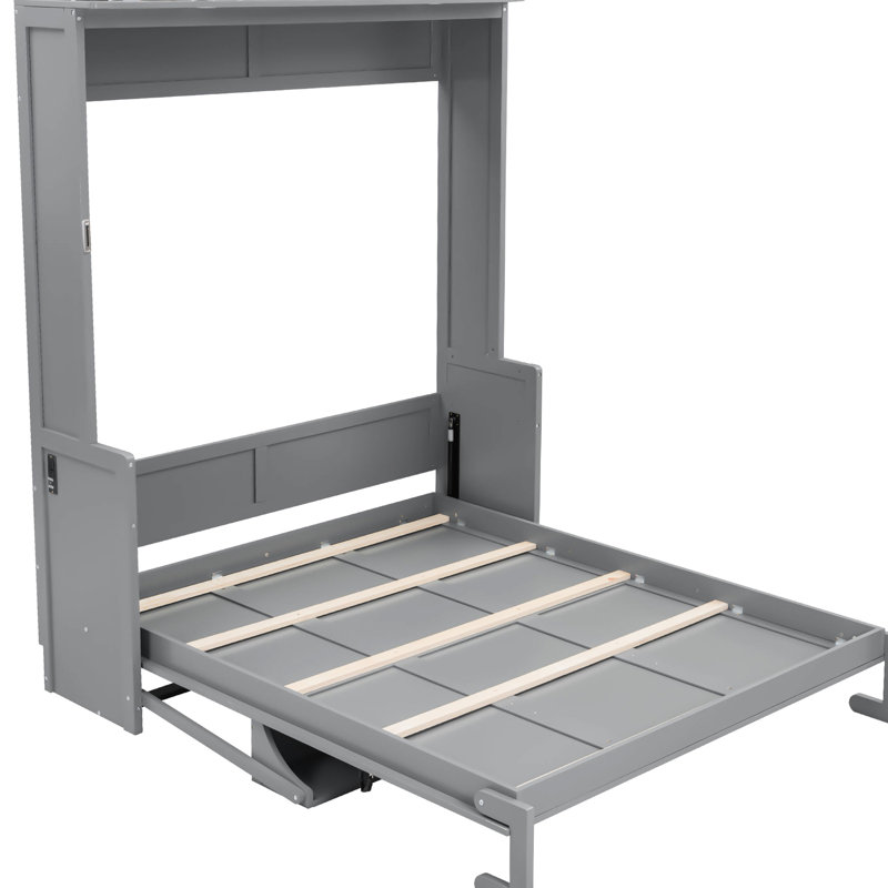 Grand lit avec bureau, finition grise, lumières et charge DEL, solution peu encombrante pour des espaces limités, lattes en bois de qualité, lumières de bureau à double mécanisme de piston, station de charge, moderne