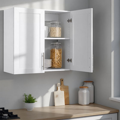 Watse Wall Cabinet with Panel Doors, Pantry Cabinet, Wall Hanging Laundry Room Cupboard with 1 Adjustable Shelf for Kitchen, Laundry Room and Bathroom, White