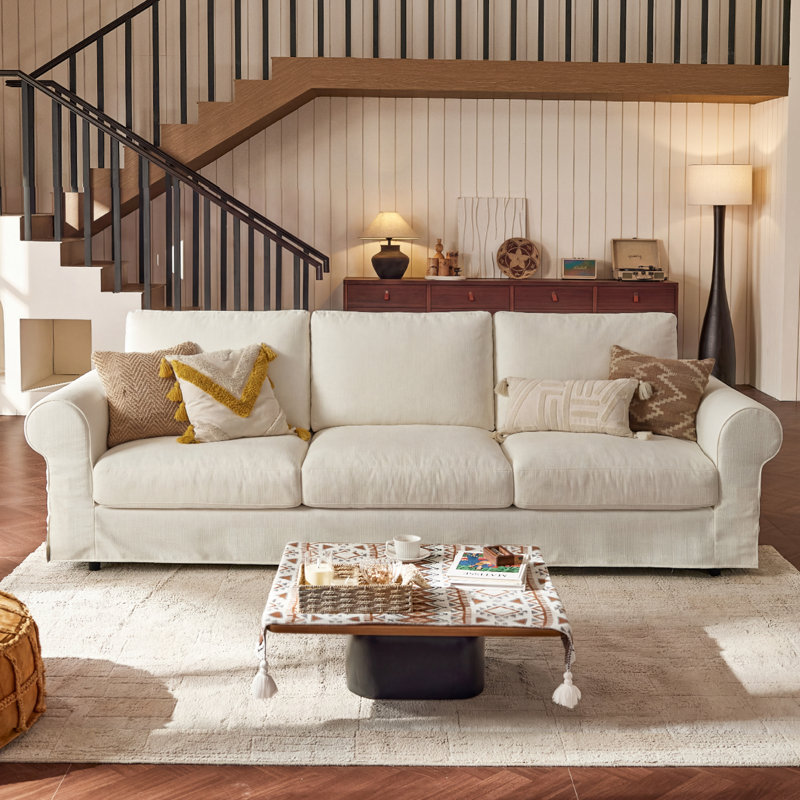 Oversized 111.4" 3-Seater Cloud Sofa With Washable Slipcover, Farmhouse Style, Deep Seat, White, 37.4" H x 118" W x 39.37" D