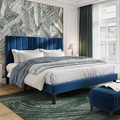 Cleo Modern Velvet Upholstered Platform Bed with Headboard, No Box Spring Needed