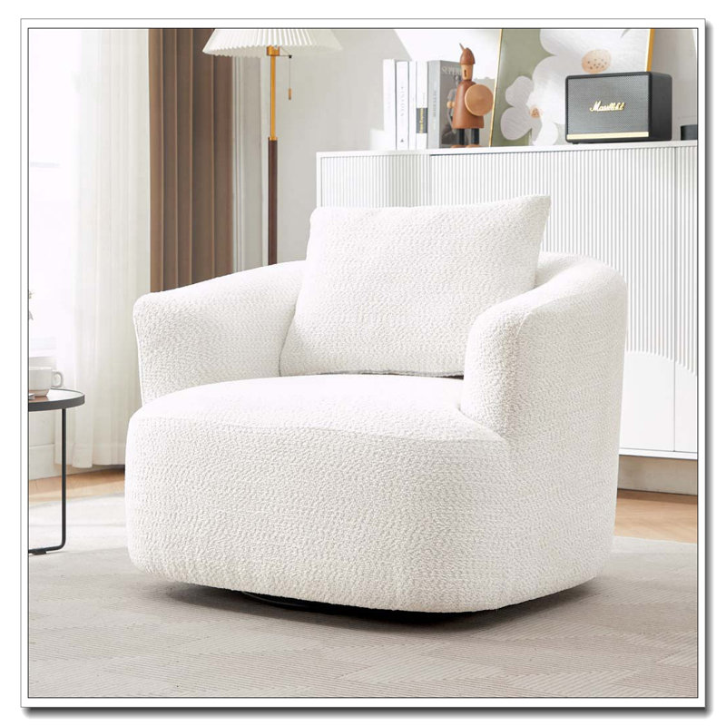 Fauteuil demi-tonneau pivotant en chenille avec coussin décoratif Chenille, Beige
