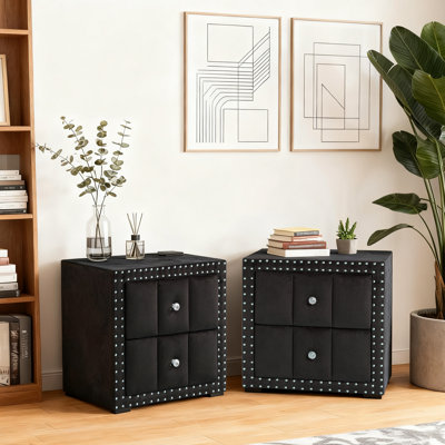 2-Drawer Upholstered Nightstand With Nailhead Trim For Bedroom, No Assembly Required