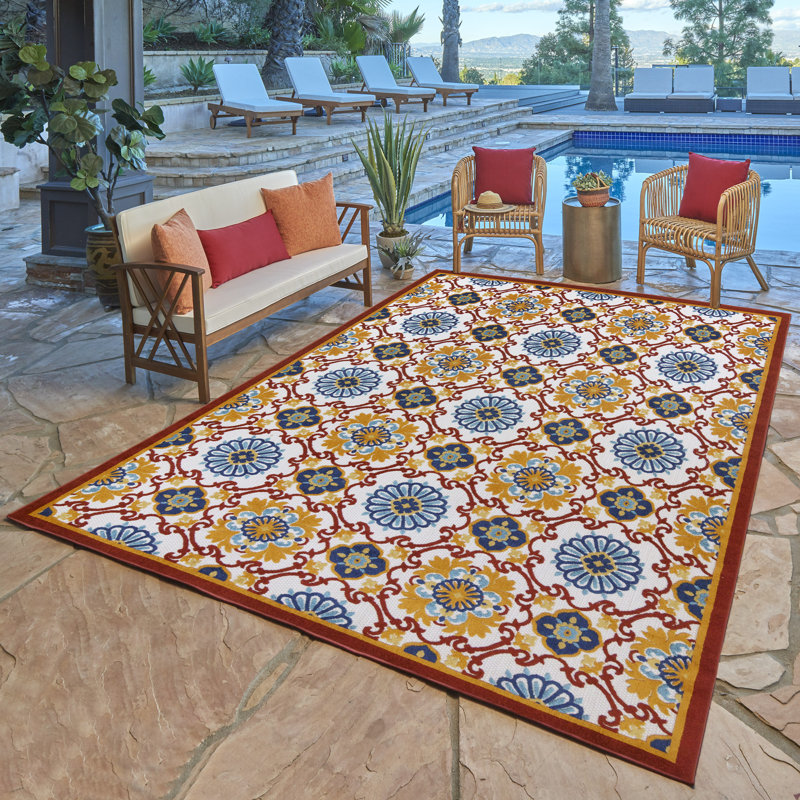 Fosel Chora Red and Ivory Floral Outdoor Rug