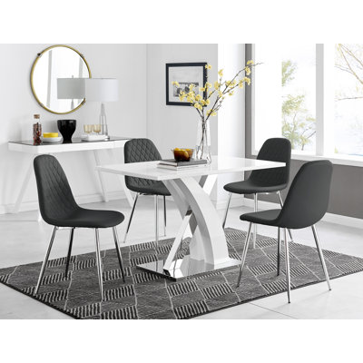 Marietta Chrome Metal and White High Gloss Dining Table Set - 4 Luxury Faux Leather Dining Chairs