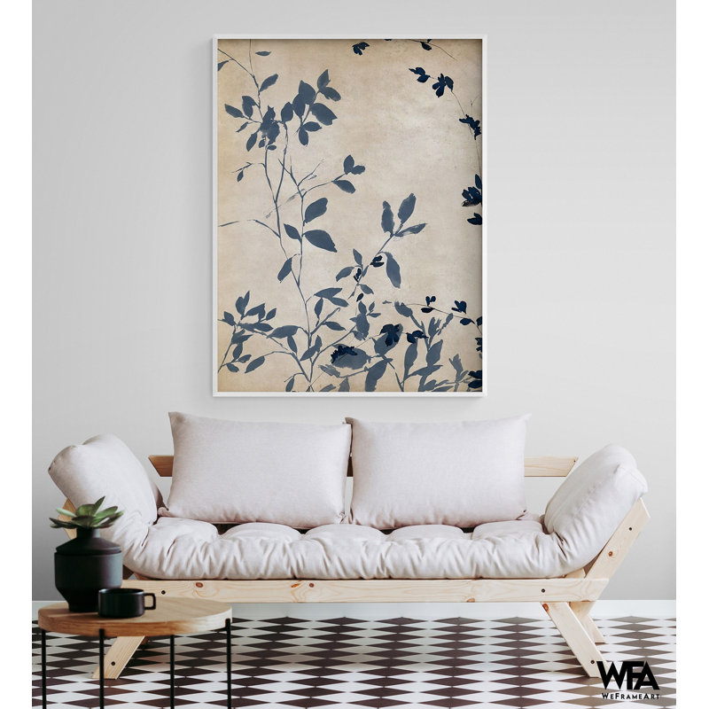 «Indigo Leaves Touch II» par Isabelle Z, décor de chalet rustique, petit auberge de jeunesse, art mural de réception d'hôtel, décor de tuyau bleu marine, art bleu foncé