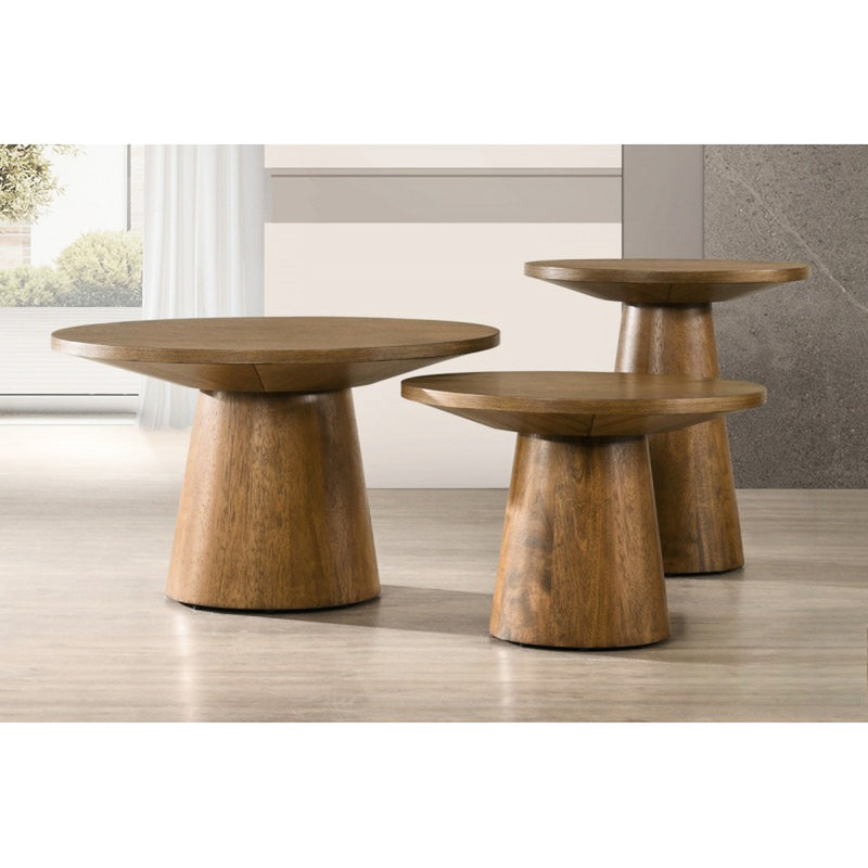 22 po Table de bout ronde en bois d'hévéa avec base à piédestal, noyer, plateau biseauté, pour espace de vie contemporain