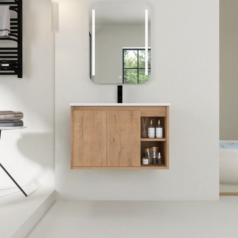 30 Inch Single Sink Wall Mounted Vanity , Oak Bathroom Vanity Set with 2 Doors and Ceramic Basin Sink