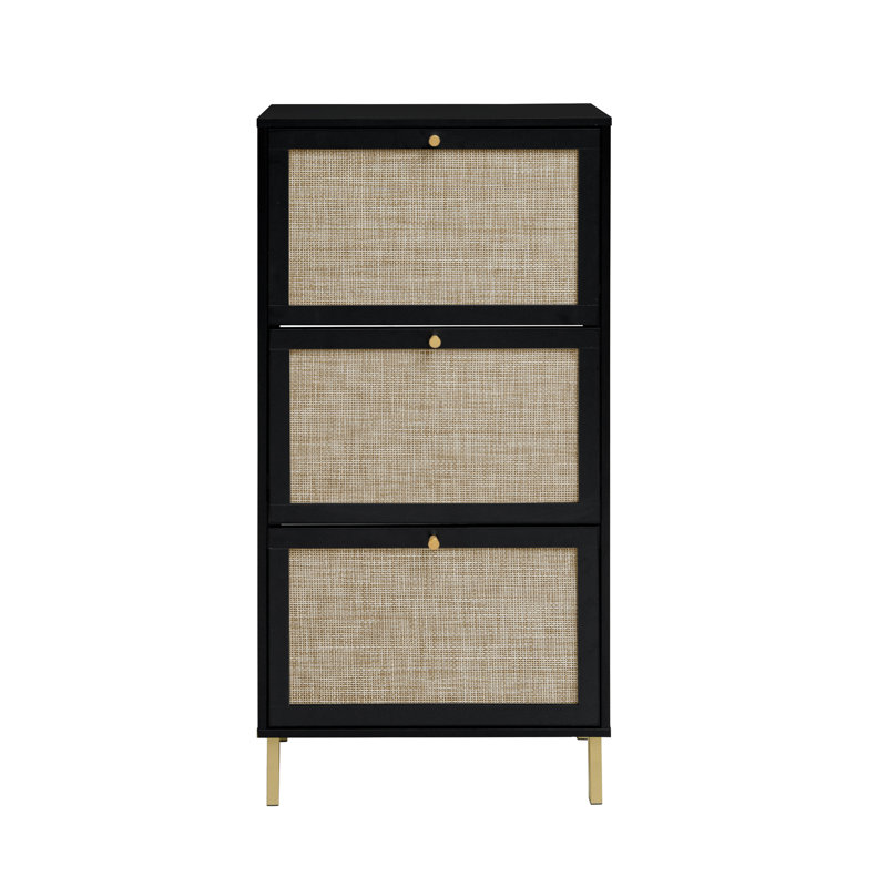 3 Door Shoe Storage Unit, Freestanding Modern For Entryway, 44Lb Load, Natural & Spandex, -Proof, Delicate Finish, Gold Handle, Double Shelf, Metal Base With Slip Pads, Black, Particle Board, Simple