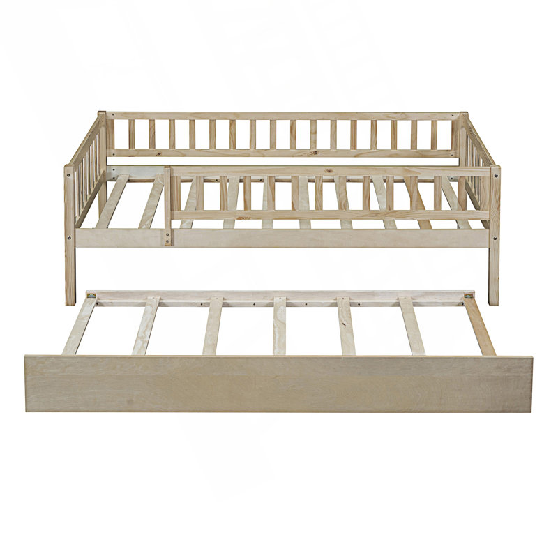 Twin Size Daybed With Trundle And Fence Guardrails, Day Bed, Natural, Twin
